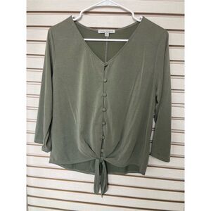 Green Envelope LA Women's Olive Button Front Tie Blouse Medium 3/4 Sleeve V-Neck